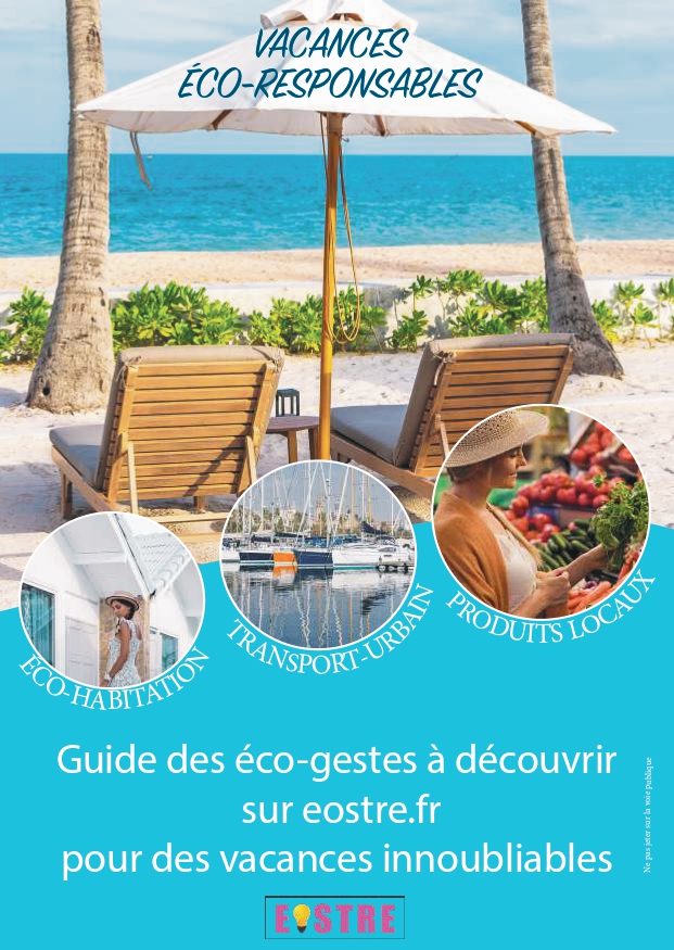 flyer d'une plage avec transat qui parle de vacance éco-responsable