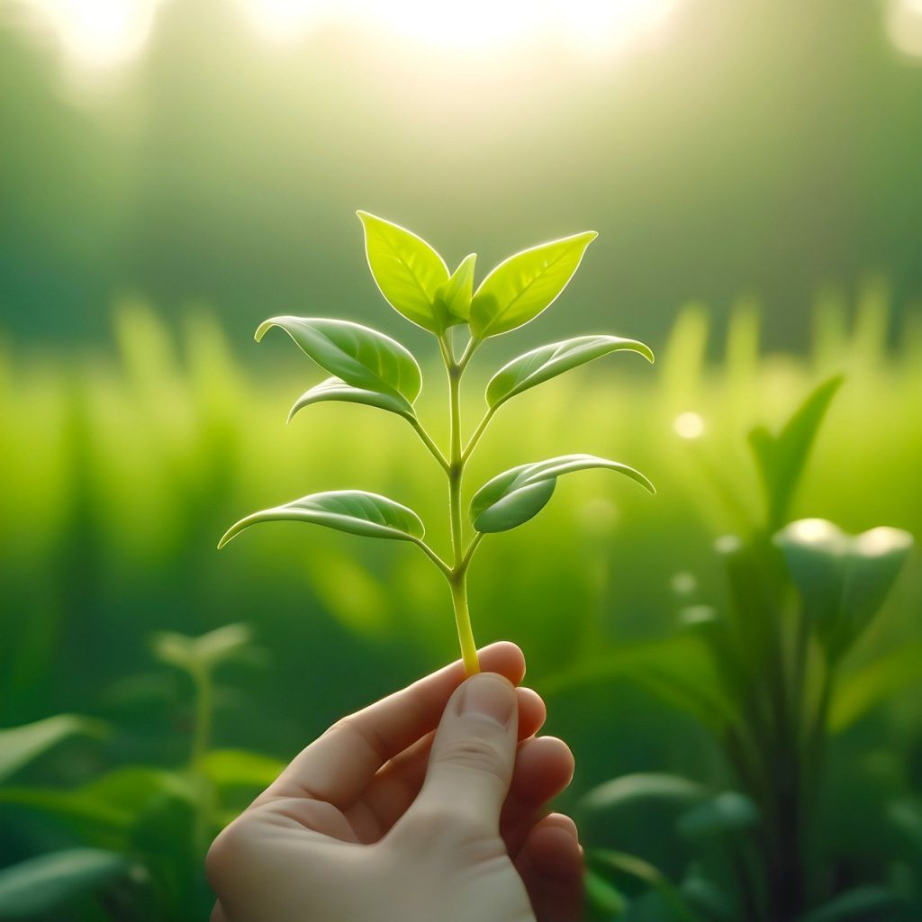 branche et feuille dans une main