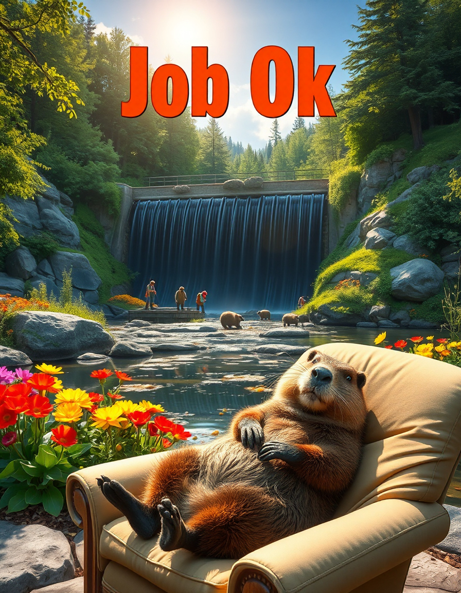 castor sur un fauteur pres d'un barage qu'il a construit avec sa famille de 8 castors